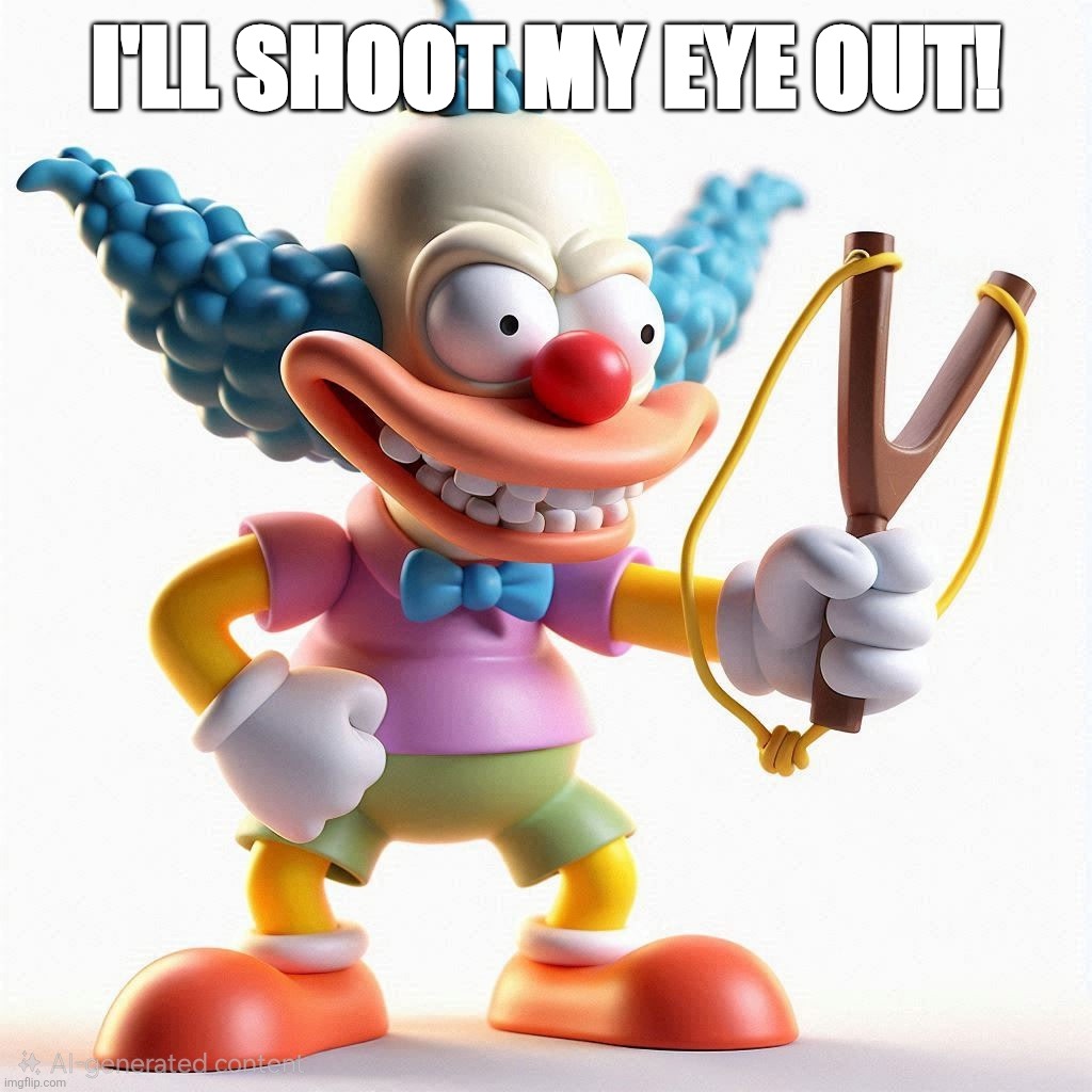 Krusty Slingshot EPIC(1).jpg | I'LL SHOOT MY EYE OUT! | image tagged in krusty slingshot epic 1 jpg | made w/ Imgflip meme maker