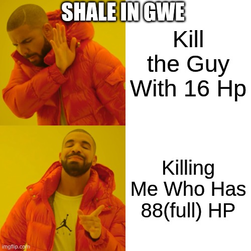 Game With Evil - Teamers | Shale In GWE; Kill the Guy With 16 Hp; Killing Me Who Has 88(full) HP | image tagged in memes,drake hotline bling | made w/ Imgflip meme maker