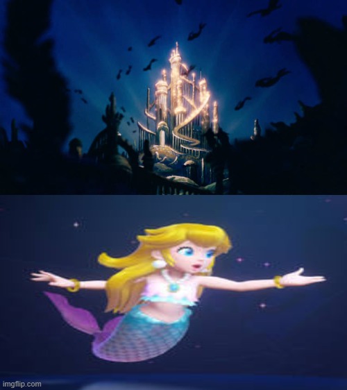 mermaid peach finds atlantica | image tagged in melody finds atlantica,atlantica,princess peach,the little mermaid,fantasy,fairy tales | made w/ Imgflip meme maker