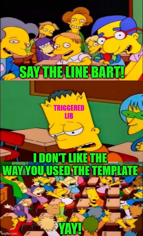 say the line bart! simpsons | Say the line Bart! I DON'T LIKE THE WAY YOU USED THE TEMPLATE YAY! Triggered Lib | image tagged in say the line bart simpsons | made w/ Imgflip meme maker