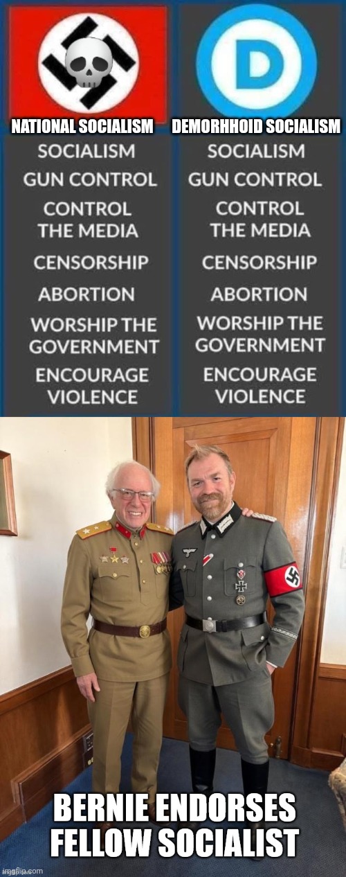 Breadline Bernie endorses fellow socialist | National Socialism      Demorhhoid Socialism | image tagged in atqwkx jpg,democrat,socialism,nazis | made w/ Imgflip meme maker