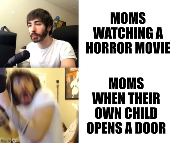 is anyone else's mom like this? | Moms watching a horror movie; Moms when their own child opens a door | image tagged in penguinz0,my mom,moms | made w/ Imgflip meme maker