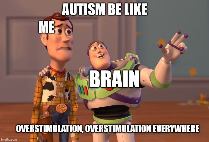 X, X Everywhere | autism be like; me; brain; overstimulation, overstimulation everywhere | image tagged in memes,x x everywhere | made w/ Imgflip meme maker