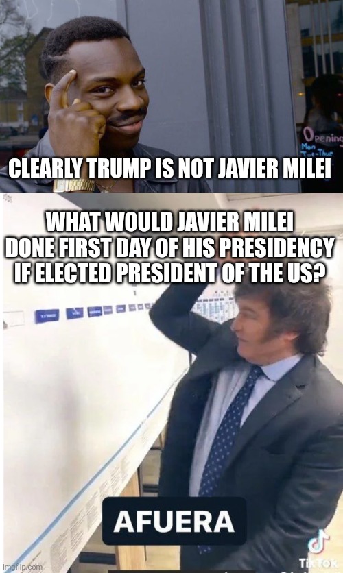 What would Javier Milei done first day of his presidency IF elected president of the US? Clearly trump is not Javier Milei | image tagged in memes,roll safe think about it,milei meme afuera | made w/ Imgflip meme maker