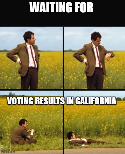 Mr bean waiting | waiting for; voting results in california | image tagged in mr bean waiting | made w/ Imgflip meme maker