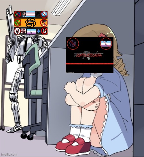 Anime Girl Hiding from Terminator | image tagged in anime girl hiding from terminator | made w/ Imgflip meme maker