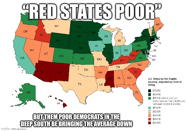 Conservative midwest for comparison | “Red states poor”; But them poor democrats in the Deep South be bringing the average down | image tagged in maps,memes,politics | made w/ Imgflip meme maker