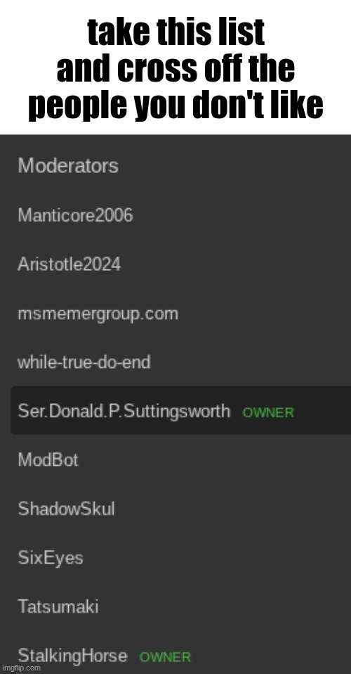 I'm risking a ban | take this list and cross off the people you don't like | image tagged in msmg drama | made w/ Imgflip meme maker