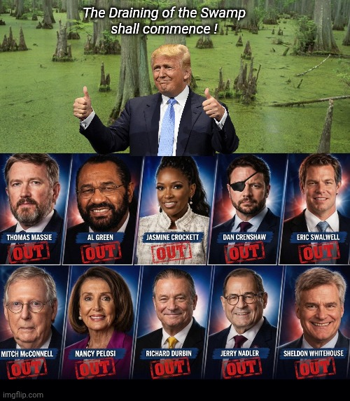 Draining of the Swamp shall now begin | The Draining of the Swamp
shall commence ! | image tagged in swamp,black background,trump,rhino,democrats | made w/ Imgflip meme maker