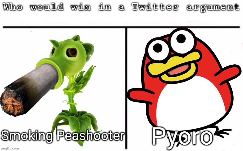 Idk what to put here | Pyoro; Smoking Peashooter | image tagged in pitting random mfs against each other,pvz,warioware,gaming,meme,oh wow are you actually reading these tags | made w/ Imgflip meme maker
