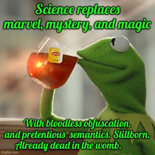 But That's None Of My Business Meme | Science replaces marvel, mystery, and magic; With bloodless obfuscation, and pretentious  semantics. Stillborn. Already dead in the womb. | image tagged in memes,but that's none of my business,kermit the frog | made w/ Imgflip meme maker