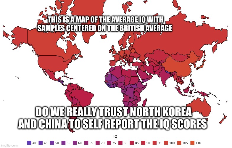 I’m sorry but… how are North Koreans smarter than Nigerians? | This is a map of the average IQ with samples centered on the British average; Do we really trust North Korea and China to self report the IQ scores | image tagged in china,north korea,memes,iq | made w/ Imgflip meme maker
