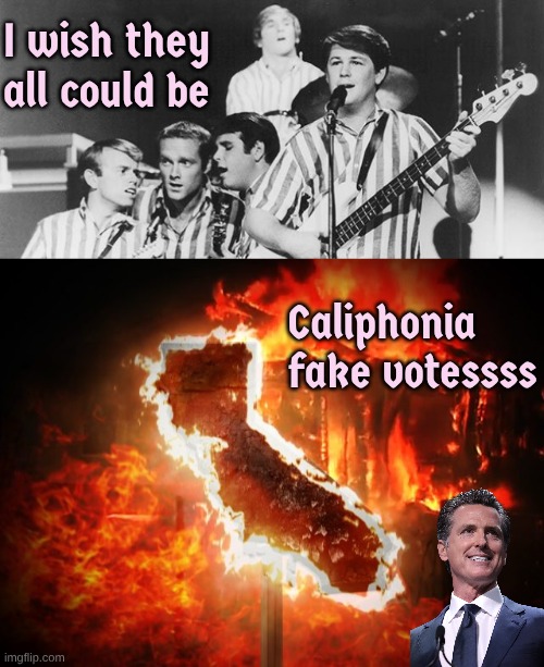 Obvious fraud with mail in ballots counted days afterwards. Demented Dems Can't win without Cheating. | I wish they all could be; Caliphonia fake votessss | image tagged in beach boys,california is setting itself on fire | made w/ Imgflip meme maker
