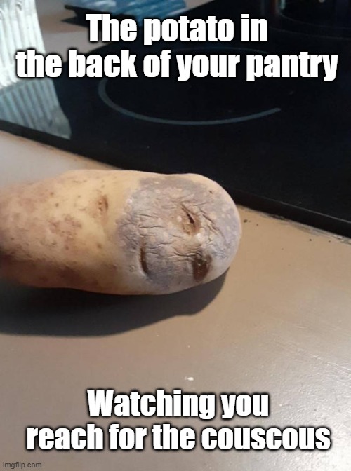 Potato Dreams | The potato in the back of your pantry; Watching you reach for the couscous | image tagged in potato,food,dying inside,feed me | made w/ Imgflip meme maker