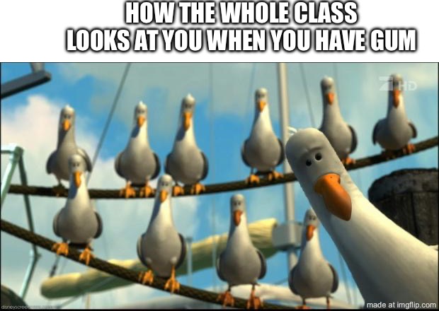 dont mind the offset textbox | how the whole class looks at you when you have gum | image tagged in nemo seagulls mine,memes,funny,gum,class,relatable | made w/ Imgflip meme maker