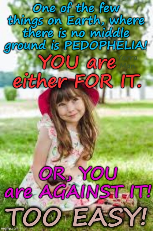 The thing with Pedophilia and Pedophiles, is there are just 2 sides, you are either FOR IT, or AGAINST IT! Too Easy! | One of the few things on Earth, where there is no middle ground is PEDOPHELIA! YOU are either FOR IT. Yarra Man; OR, YOU are AGAINST IT! TOO EASY! | image tagged in priests politicians paedophiles hollywood,australia,australia united islamic kingdom european islamic union,usa canada | made w/ Imgflip meme maker