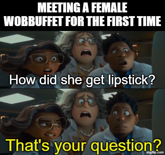 First encounter | Meeting a female Wobbuffet for the first time; How did she get lipstick? That's your question? | image tagged in memes,funny,pokemon,gaming | made w/ Imgflip meme maker