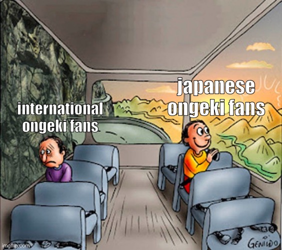 (arcade game sorry) ongeki availability be like | japanese ongeki fans; international ongeki fans | image tagged in sad guy happy guy bus | made w/ Imgflip meme maker