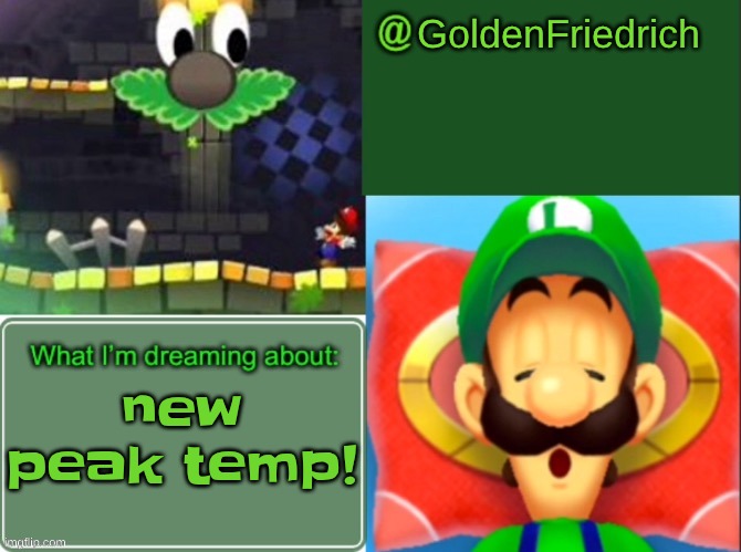 GoldenFriedrich dreamy luigi temp (thx yakko) | new peak temp! | image tagged in goldenfriedrich dreamy luigi temp thx yakko | made w/ Imgflip meme maker
