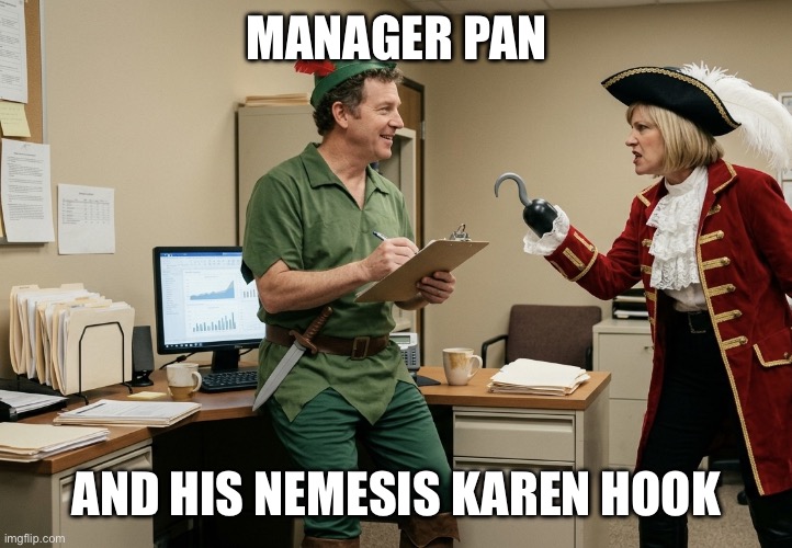 Are you a Lost Boy? Good. I would like to speak to your manager! | Manager Pan; And his nemesis Karen Hook | image tagged in grownup peter pan | made w/ Imgflip meme maker