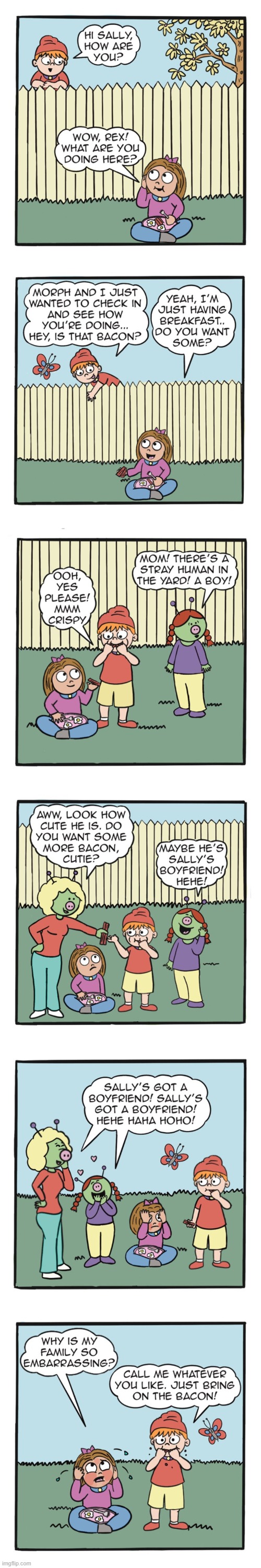 The return of Rex and Morph! | image tagged in humans,sally,rex,bacon,aliens,embarrassed | made w/ Imgflip meme maker