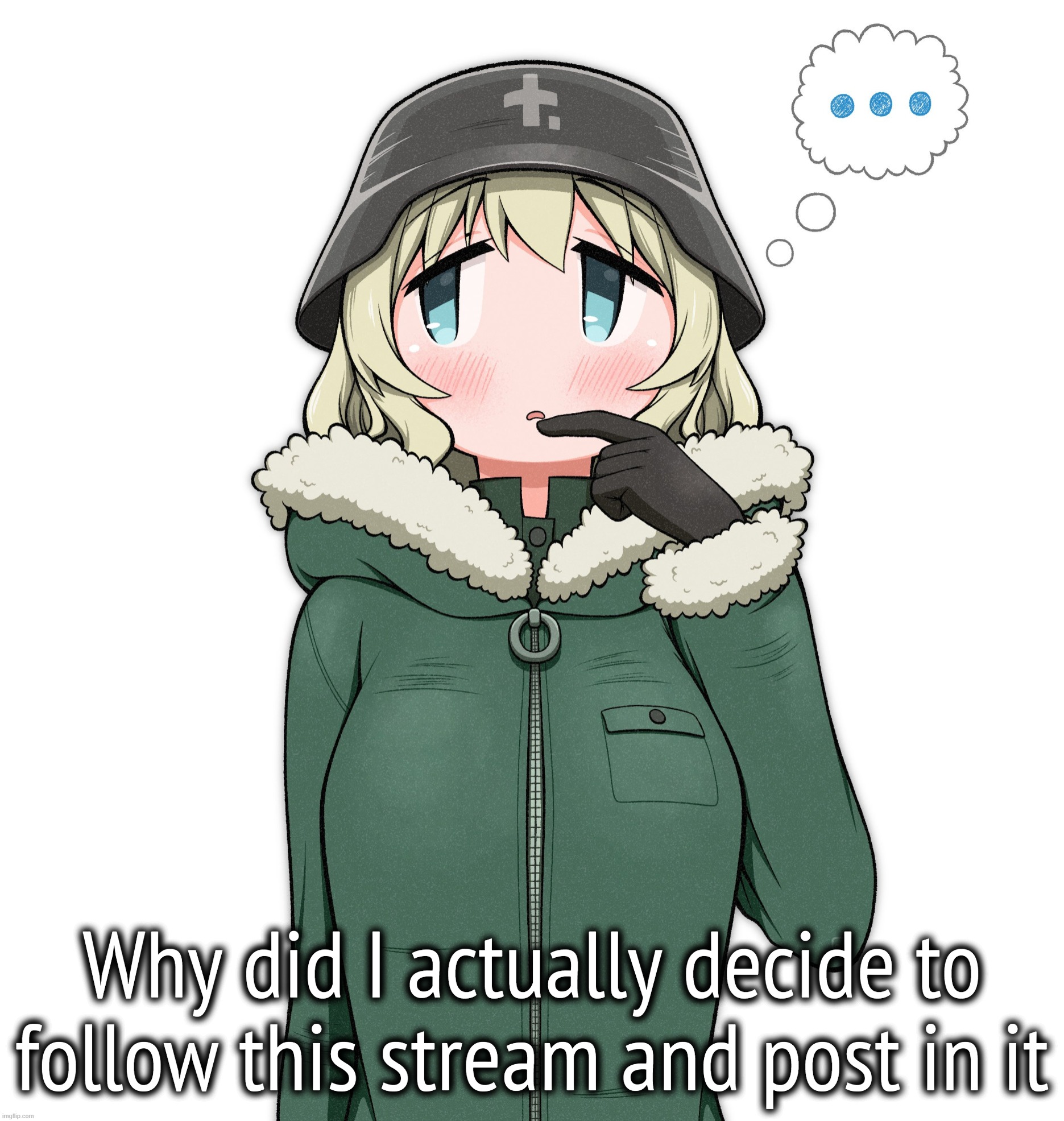 thinking yuuri | Why did I actually decide to follow this stream and post in it | image tagged in thinking yuuri | made w/ Imgflip meme maker