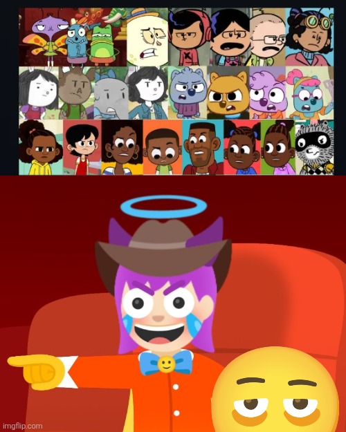 The Great Emojini laughs at some PBS Kids characters (satire I suppose). | image tagged in emojini,the great emojini,laughing,pbs kids,angry,satire | made w/ Imgflip meme maker