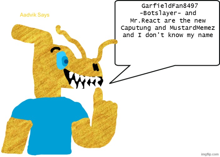 Here we go again | GarfieldFan8497 -Botslayer- and Mr.React are the new Caputung and MustardMemez and I don't know my name | image tagged in aadvik says | made w/ Imgflip meme maker