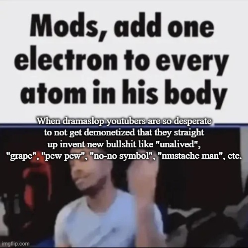 Mods, add one electron to every atom in his body | When dramaslop youtubers are so desperate to not get demonetized that they straight up invent new bullshit like "unalived", "grape", "pew pew", "no-no symbol", "mustache man", etc. | image tagged in mods add one electron to every atom in his body | made w/ Imgflip meme maker