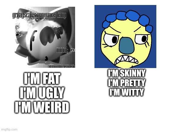 I'm Skinny
I'm pretty
I'm witty; I'm fat
I'm ugly
I'm weird | made w/ Imgflip meme maker