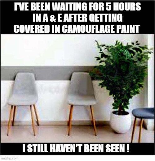 I'm Getting Slightly Annoyed Now ... | I've been waiting for 5 hours
 in a & e after getting 
covered in camouflage paint; I still haven't been seen ! | image tagged in annoyed,hospital,waiting,camouflage,paint | made w/ Imgflip meme maker