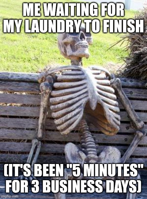 So true | ME WAITING FOR MY LAUNDRY TO FINISH; (IT'S BEEN "5 MINUTES" FOR 3 BUSINESS DAYS) | image tagged in memes,waiting skeleton | made w/ Imgflip meme maker