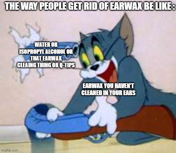 anti-earwax | the way people get rid of earwax be like :; water or Isopropyl Alcohol or that earwax cleaing thing or q-tips; EARWAX you haven't cleaned in your ears | image tagged in tom the cat shooting himself,true,earwax sucks | made w/ Imgflip meme maker
