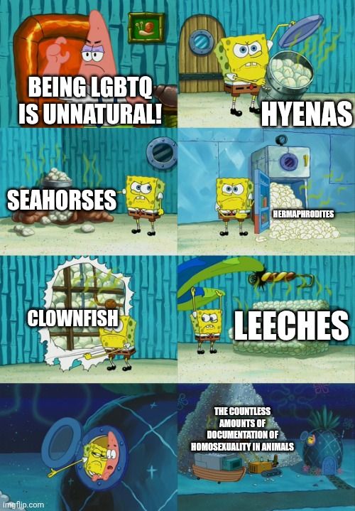 No I'm not giving context for any of these, if you don't already know you're just proving the point | Being LGBTQ is unnatural! Hyenas; Seahorses; Hermaphrodites; Clownfish; Leeches; The countless amounts of documentation of homosexuality in animals | image tagged in spongebob diapers meme,lgbtq,lgbt | made w/ Imgflip meme maker