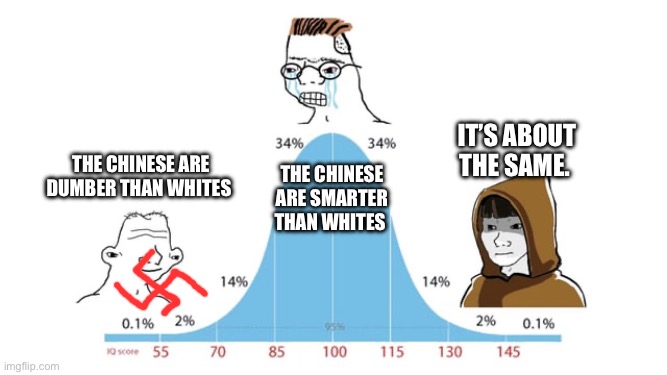 Both groups have a handful of commies | It’s about the same. The Chinese are dumber than whites; The Chinese are smarter than whites | image tagged in iq,memes,nazis,communists | made w/ Imgflip meme maker