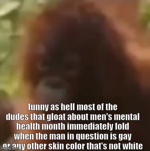 "I'M OUT! 1.3 SECONDS" | funny as hell most of the dudes that gloat about men's mental health month immediately fold when the man in question is gay or any other skin color that's not white | image tagged in monker pog | made w/ Imgflip meme maker