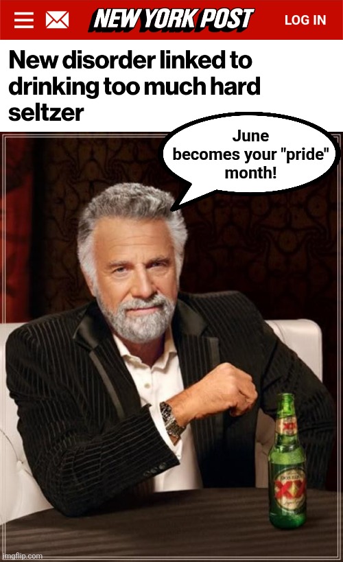 Don't let this happen to you! | June
becomes your "pride"
month! | image tagged in memes,the most interesting man in the world,hard seltzer,pride month,democrats,disorder | made w/ Imgflip meme maker