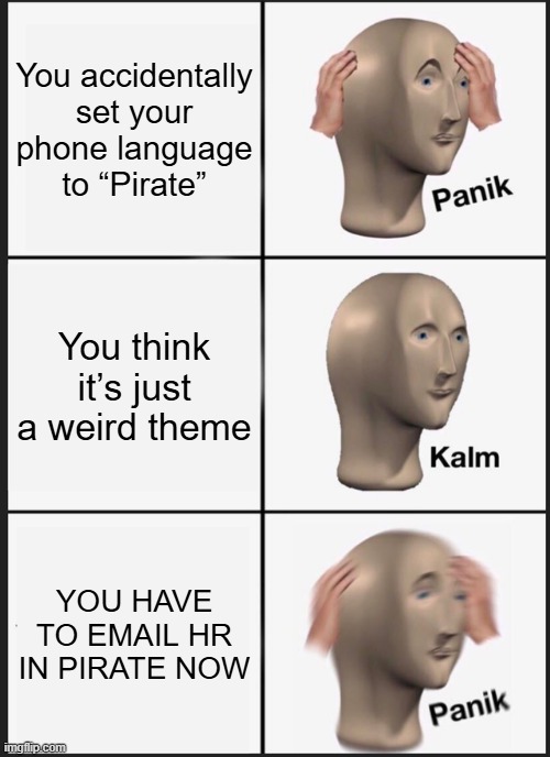 Arrrrrrrrrr | You accidentally set your phone language to “Pirate”; You think it’s just a weird theme; YOU HAVE TO EMAIL HR IN PIRATE NOW | image tagged in memes,panik kalm panik | made w/ Imgflip meme maker