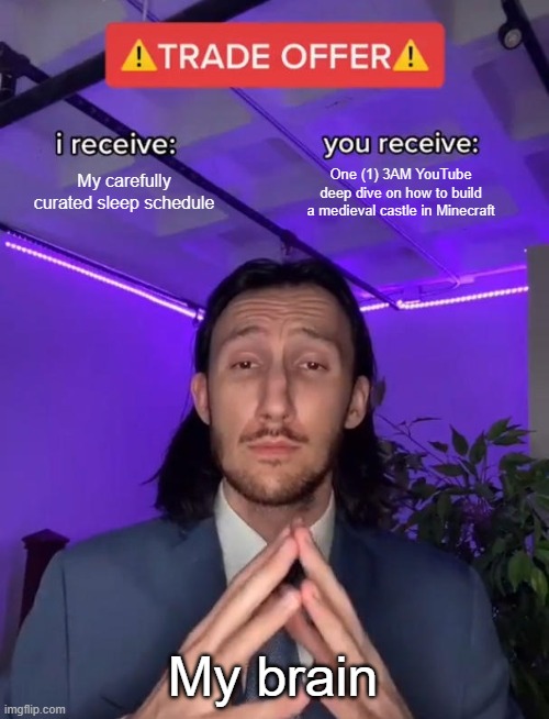 Late Night Gaming | My carefully curated sleep schedule; One (1) 3AM YouTube deep dive on how to build a medieval castle in Minecraft; My brain | image tagged in trade offer | made w/ Imgflip meme maker