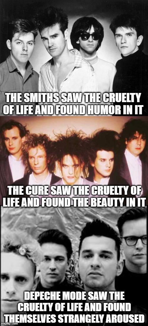 Life According to Bands | The Smiths saw the cruelty of life and found humor in it; The Cure saw the cruelty of life and found the beauty in it; Depeche Mode saw the cruelty of life and found themselves strangely aroused | image tagged in the cure,depeche mode | made w/ Imgflip meme maker