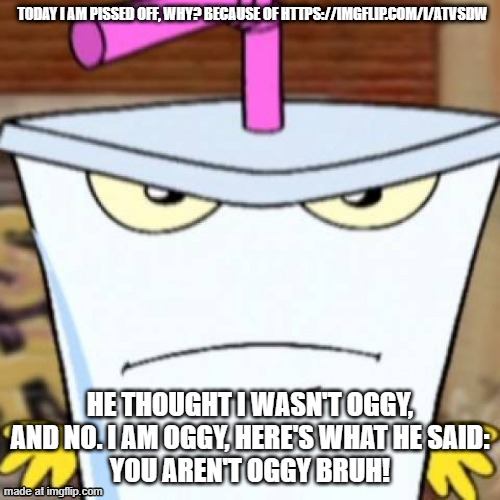 Pissed off Master Shake | Today i am pissed off, why? because of https://imgflip.com/i/atvsdw; He thought i wasn't Oggy, and no. I am Oggy, Here's what he said:
You aren't Oggy bruh! | image tagged in pissed off master shake | made w/ Imgflip meme maker