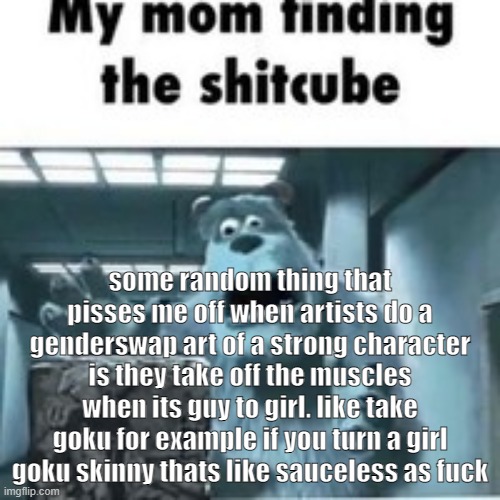 like who the hell is that | some random thing that pisses me off when artists do a genderswap art of a strong character is they take off the muscles when its guy to girl. like take goku for example if you turn a girl goku skinny thats like sauceless as fuck | image tagged in my mom finding the shitcube | made w/ Imgflip meme maker