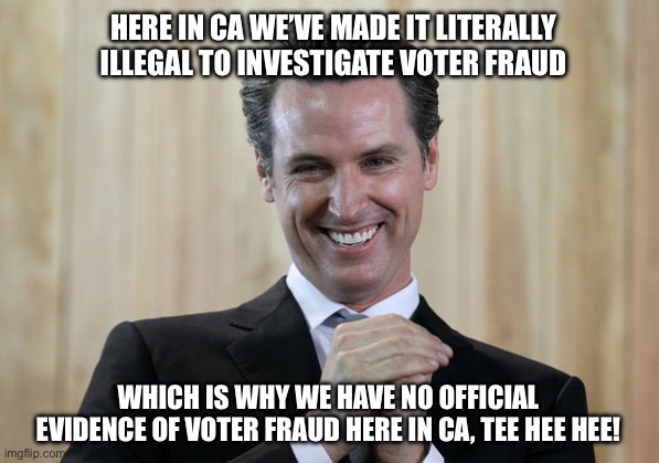 Scheming Gavin Newsom  | Here in CA we’ve made it literally illegal to investigate voter fraud; Which is why we have no official evidence of voter fraud here in ca, tee hee hee! | image tagged in scheming gavin newsom | made w/ Imgflip meme maker