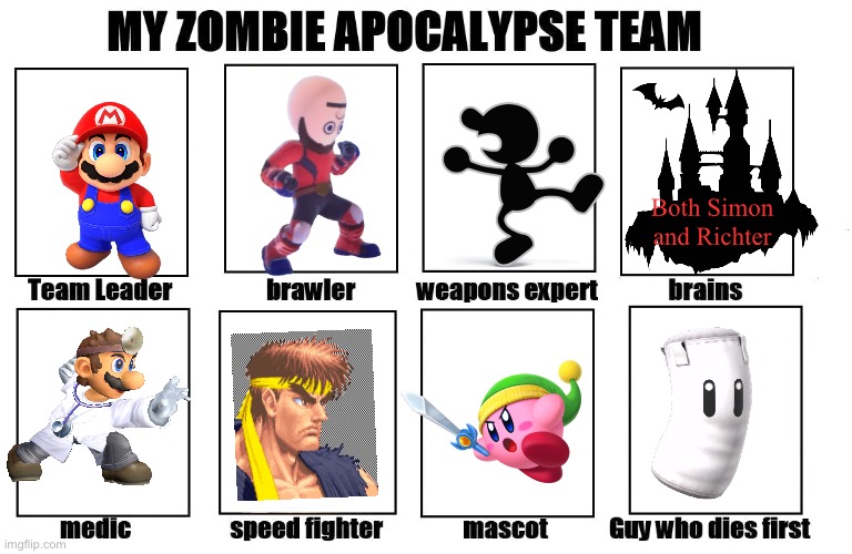 This was impossible to make | Both Simon and Richter | image tagged in my zombie apocalypse team,super smash bros,mario,kirby,castlevania,street fighter | made w/ Imgflip meme maker