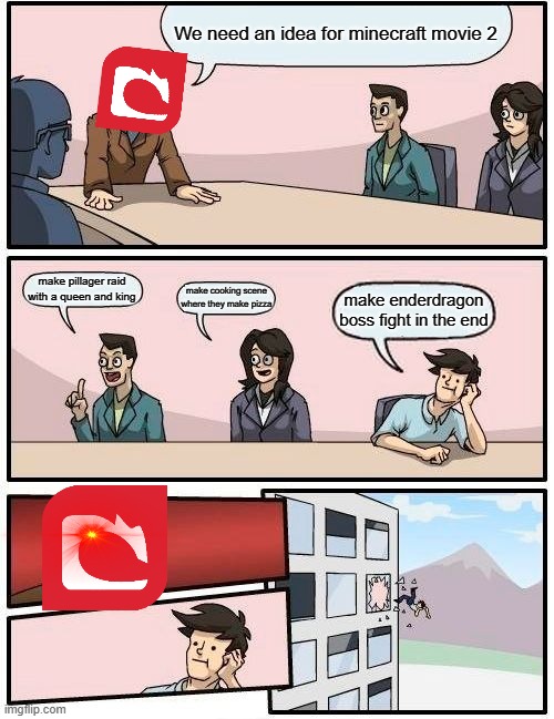 they should make something real in the actually game | We need an idea for minecraft movie 2; make pillager raid with a queen and king; make cooking scene where they make pizza; make enderdragon boss fight in the end | image tagged in memes,boardroom meeting suggestion,minecraft,minecraft movie | made w/ Imgflip meme maker