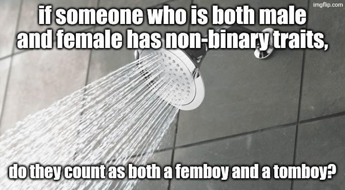 Shower Thoughts | if someone who is both male and female has non-binary traits, do they count as both a femboy and a tomboy? | image tagged in shower thoughts,interesting,idk,hmm,filler tag,random tag i decided to put | made w/ Imgflip meme maker