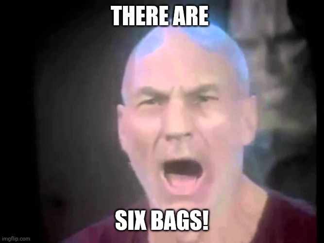 There are four lights | There are; Six bags! | image tagged in there are four lights | made w/ Imgflip meme maker