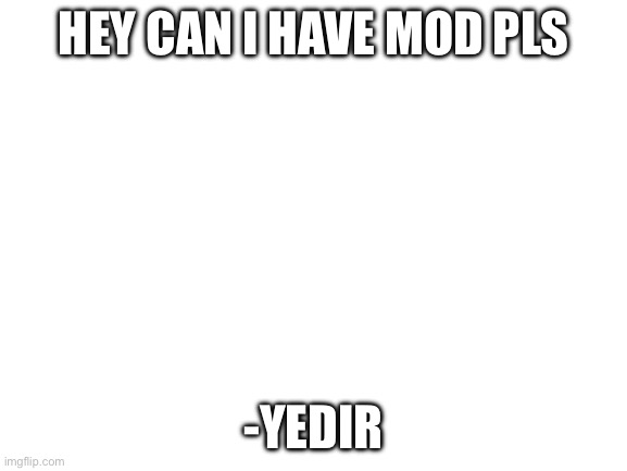 Blank White Template | Hey can I have mod pls; -YEDIR | image tagged in blank white template | made w/ Imgflip meme maker