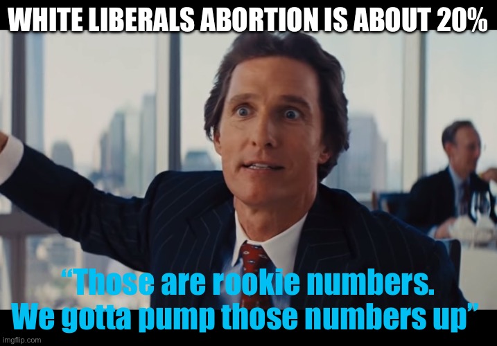 Those Are Rookie Numbers | White liberals abortion is about 20%; “Those are rookie numbers. We gotta pump those numbers up” | image tagged in those are rookie numbers,dark humor,politics,political meme,liberals,white woman | made w/ Imgflip meme maker