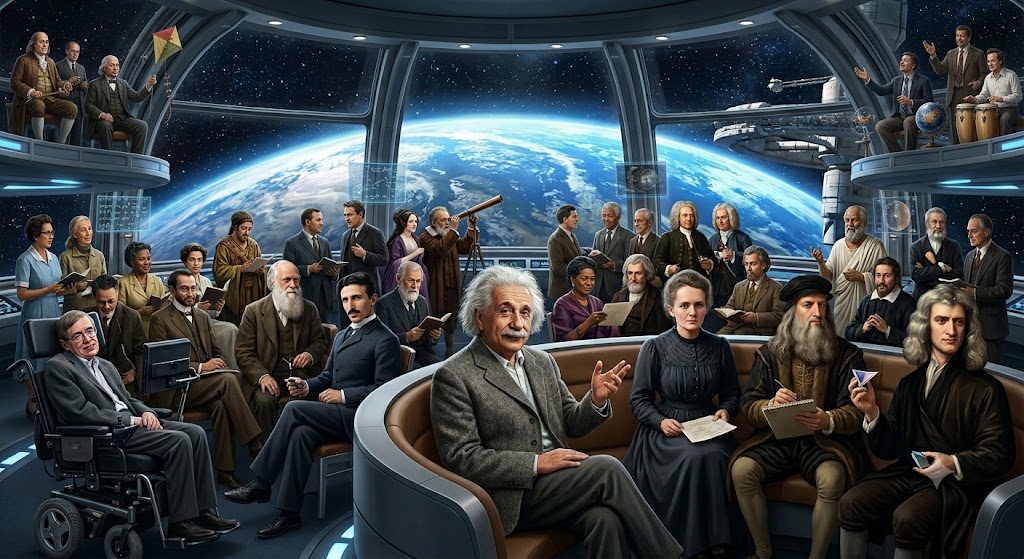 Einstein and 50 other people in space Blank Meme Template